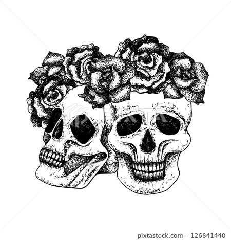 Two skulls with roses. Graphic goth illustration in Gothic style for Halloween and Day of the Dead isolated from background, with white plate. For packaging, textile, postcards, posters. Vector Two skulls with roses. Graphic goth illustration in Gothic style for Halloween and Day of the Dead isolated from background, with white plate. For packaging, textile, postcards, posters. Vector 126841440