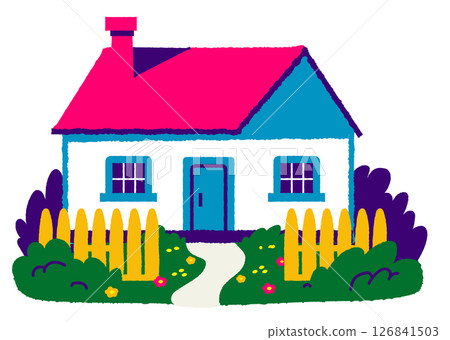 帶有花園的單層房屋的插圖。房地產。我的家。 126841503