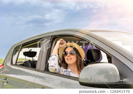 Travel couple. Man woman car journey. Love together smiling sunglasses. 126841570