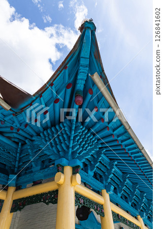 carved wooden roof of Dungan mosque in Karakol, Kyrgyzstan. Travel landmark 126841602