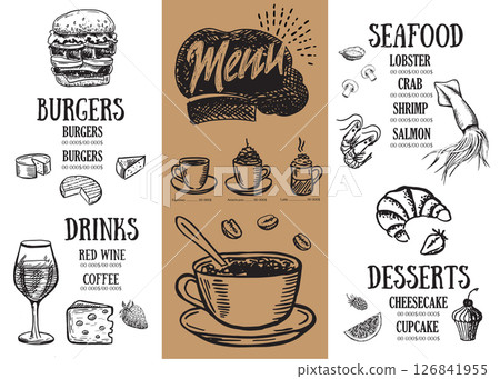 Restaurant brochure, menu, template design. Food flyer. Restaurant brochure, menu, template design. Food flyer. 126841955