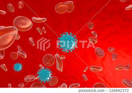 Dispersed corona viruses with blood background, 3d 126842372