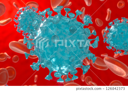 Dispersed corona viruses with blood background, 3d Dispersed corona viruses with blood background, 3d 126842373