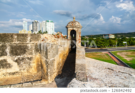 Historic defensive wall surrounding the center of Cartagena, Colombia, South America 126842492