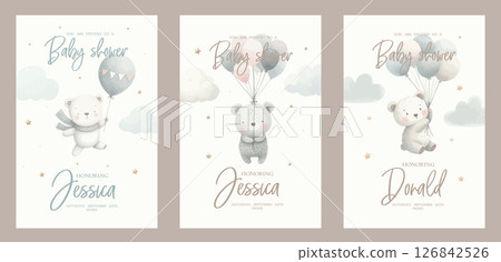 Watercolor baby bear with balloon in the sky For nursery kids Birthday party boy Print for invitation card Poster Template. Watercolor baby bear with balloon in the sky For nursery kids Birthday party boy Print for invitation card Poster Template. 126842526
