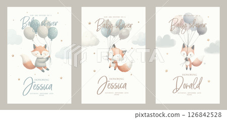 Watercolor baby fox with balloon in the sky For nursery kids Birthday party boy Print for invitation card Poster Template. 126842528