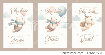 Watercolor bear traveler with balloon in the sky For nursery kids Birthday party boy Print for invitation card Poster Template. 126842531