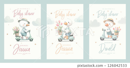 Watercolor white goose with flowers on the bicycle and scooter. For nursery kids Birthday party boy Print for invitation card Poster Template. Watercolor white goose with flowers on the bicycle and scooter. For nursery kids Birthday party boy Print for invitation card Poster Template. 126842533
