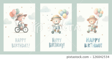 Watercolor teddy bear with balloon on the bicycle and scooter. For nursery kids Birthday party boy Print for invitation card Poster Template. 126842534