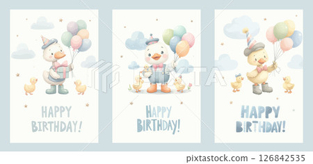 Watercolor yellow duckling with friends celebrates his birthday. For nursery kids Birthday party boy Print for invitation card Poster Template. 126842535