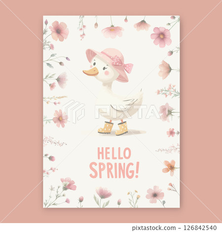 Watercolor Cute Duck with pink hat and wildflowers. 126842540