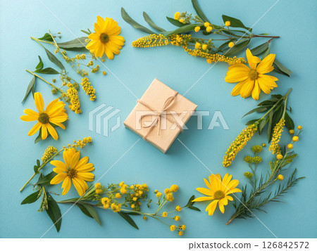 Bouquet of sunflowers on a bright blue background. Father's Day image. Expressing gratitude. Bouquet of sunflowers on a bright blue background. Father's Day image. Expressing gratitude. 126842572