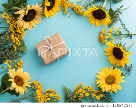 Bouquet of sunflowers on a bright blue background. Father's Day image. Expressing gratitude. Bouquet of sunflowers on a bright blue background. Father's Day image. Expressing gratitude. 126842573