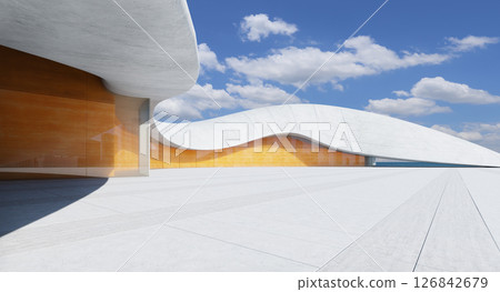 3D rendering Modern building with curved concrete roof and orange glass facade under blue sky 126842679