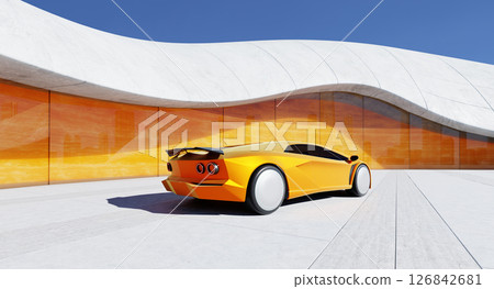 3D rendering Orange futuristic sports car parked in front of modern building 126842681