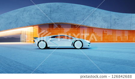 3D rendering Futuristic white sportscar parked outside modern building at dusk 3D rendering Futuristic white sportscar parked outside modern building at dusk 126842688