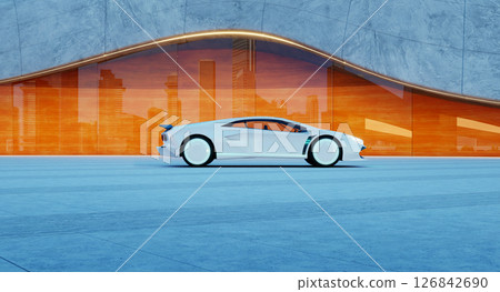 3D rendering White futuristic sports car parked in front of modern building reflecting city skyline 3D rendering White futuristic sports car parked in front of modern building reflecting city skyline 126842690