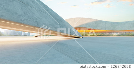 3d rendering Empty parking lot with modern concrete architecture at sunset: 3d rendering 3d rendering Empty parking lot with modern concrete architecture at sunset: 3d rendering 126842698
