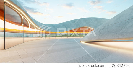 3d rendering Modern parking lot with futuristic concrete and glass design during sunset 3d rendering Modern parking lot with futuristic concrete and glass design during sunset 126842704