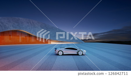 3d rendering White sports car parked in futuristic parking lot at dusk 126842711