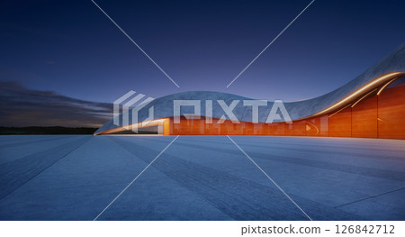 3d rendering Modern parking lot with futuristic design illuminated at dusk 126842712