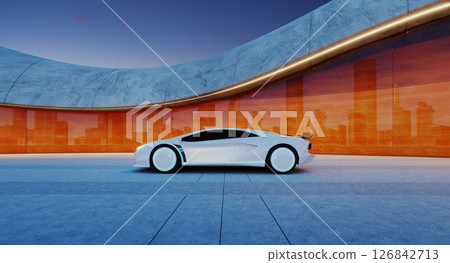 3d rendering Futuristic white sports car parked in modern parking lot with city skyline reflecting on orange wall 126842713