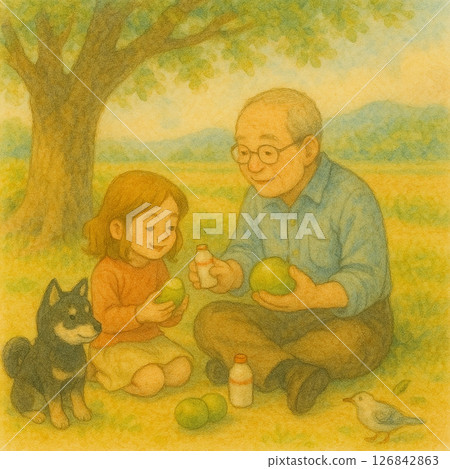 おじいちゃんと孫のピクニック/Grandpa and granddaughter enjoying おじいちゃんと孫のピクニック/Grandpa and granddaughter enjoying 126842863