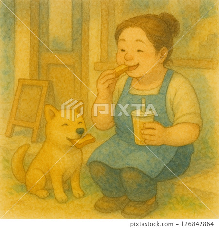 ほっこり朝食タイム／Warm morning snack with woman and dog 126842864