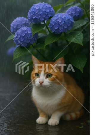 棕白貓在繡球花下避雨 126842890