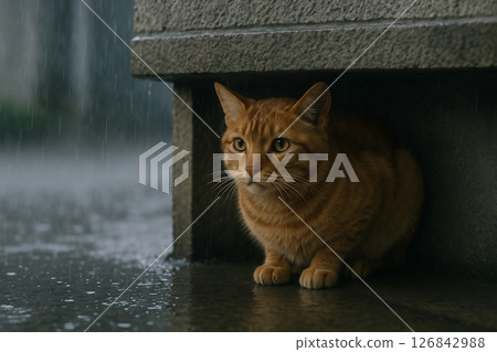 Brown tabby cat taking shelter from the rain on a rainy day 126842988