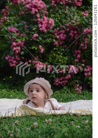 Child Lying on Blanket Surrounded by Pink Flowers Child Lying on Blanket Surrounded by Pink Flowers 126843261