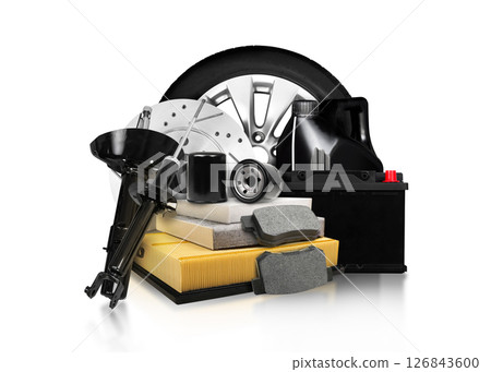 Essential Car Parts and Maintenance Supplies Isolated on white background Essential Car Parts and Maintenance Supplies Isolated on white background 126843600