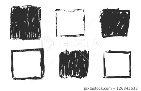 Grunge ink rectangle and square paint border with rough edges. Text box, sketch dirty line, splash. Scribble frame cadre textured  126843638