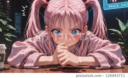 Shocked Anime Girl at Cafe Table with Spilled Drink 126843711