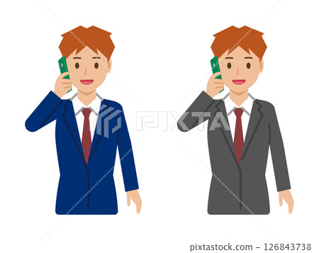A young man with short hair talking on a smartphone. Upper body in a suit A young man with short hair talking on a smartphone. Upper body in a suit 126843738