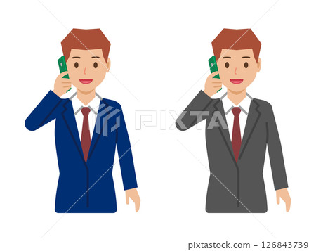 A young man with a short haircut talking on a smartphone. Upper body in a suit 126843739