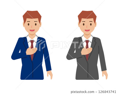 「交給我吧，」一位頭髮很短的年輕人微笑著說。西裝上身 126843741