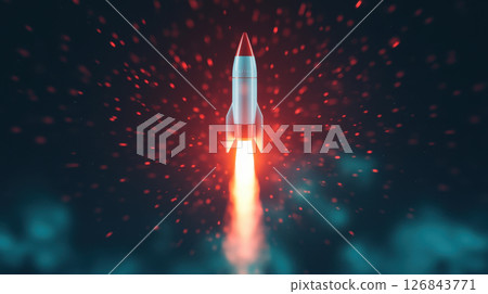 Rocket soaring upward with vibrant flames and dynamic particles, symbolizing growth and ambition 126843771