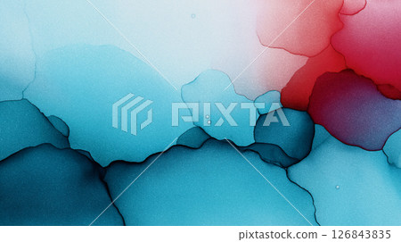 Colorful alcohol ink art features swirling patterns of turquoise, red, and soft blending tones. The abstract design creates a captivating visual experience. 126843835