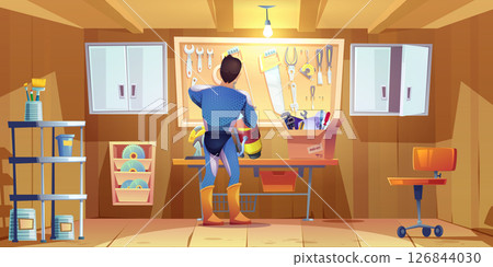 Superhero man works in garage workshop 126844030