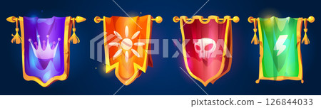 Medieval game flags on golden poles Medieval game flags on golden poles 126844033