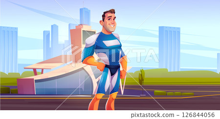 Cartoon superhero man stands in modern city Cartoon superhero man stands in modern city 126844056