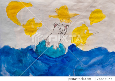 White bear on ice floe made by child using watercolors painting White bear on ice floe made by child using watercolors painting 126844067