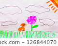 Small dog sitting on grass next to a large flower with a green stem and leaf made by child using felt tip pens painting in naive style 126844070