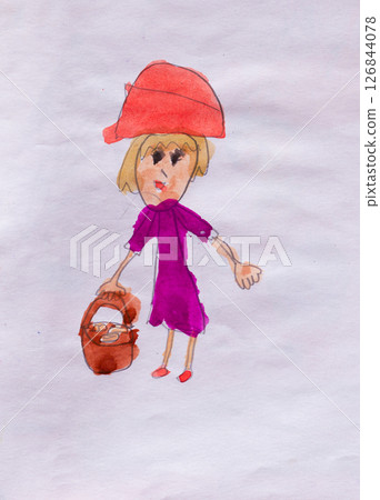 Child's drawing of Little Red Riding Hood with a basket using watercolor on white paper 126844078