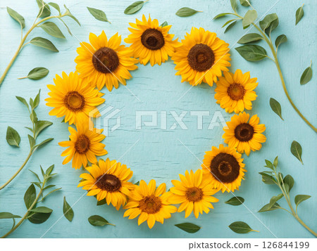 鮮豔的藍色背景上的一束向日葵。父親節圖片。表達感激之情。 126844199
