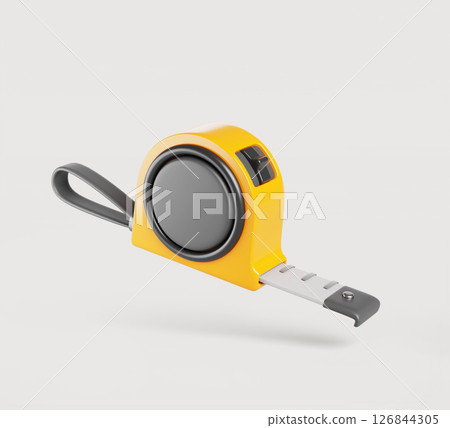 Tape measure cartoon 3d render icon. Construction tool for measuring length. Yellow black plastic instrument with button and metal tape for repair work, isolated design element. 3D illustration 126844305