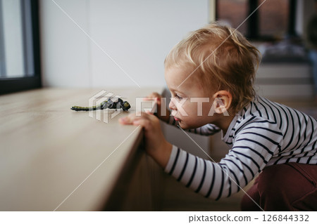 Cute toddler boy is playing with dragonfly toy at home. 126844332