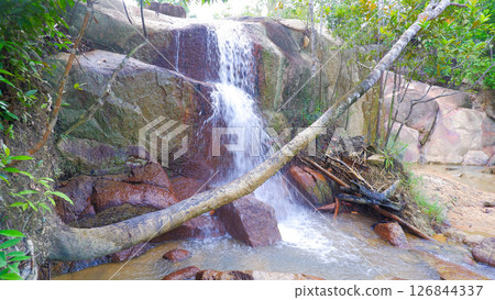 Tropical Jungle Waterfall Flowing Over Rocky Terrain with Tree Roots 126844337