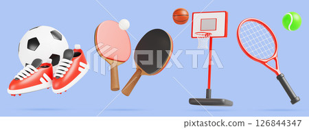 3d sports equipment render icon set. Isolated basketball backboard with hoop, football boots with ball, tennis and ping pong rackets for team game on court, table, field and stadium. 3D illustration 3d sports equipment render icon set. Isolated basketball backboard with hoop, football boots with ball, tennis and ping pong rackets for team game on court, table, field and stadium. 3D illustration 126844347
